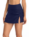 Women's solid colour swimming trunks with lace detail on polyester fabric.