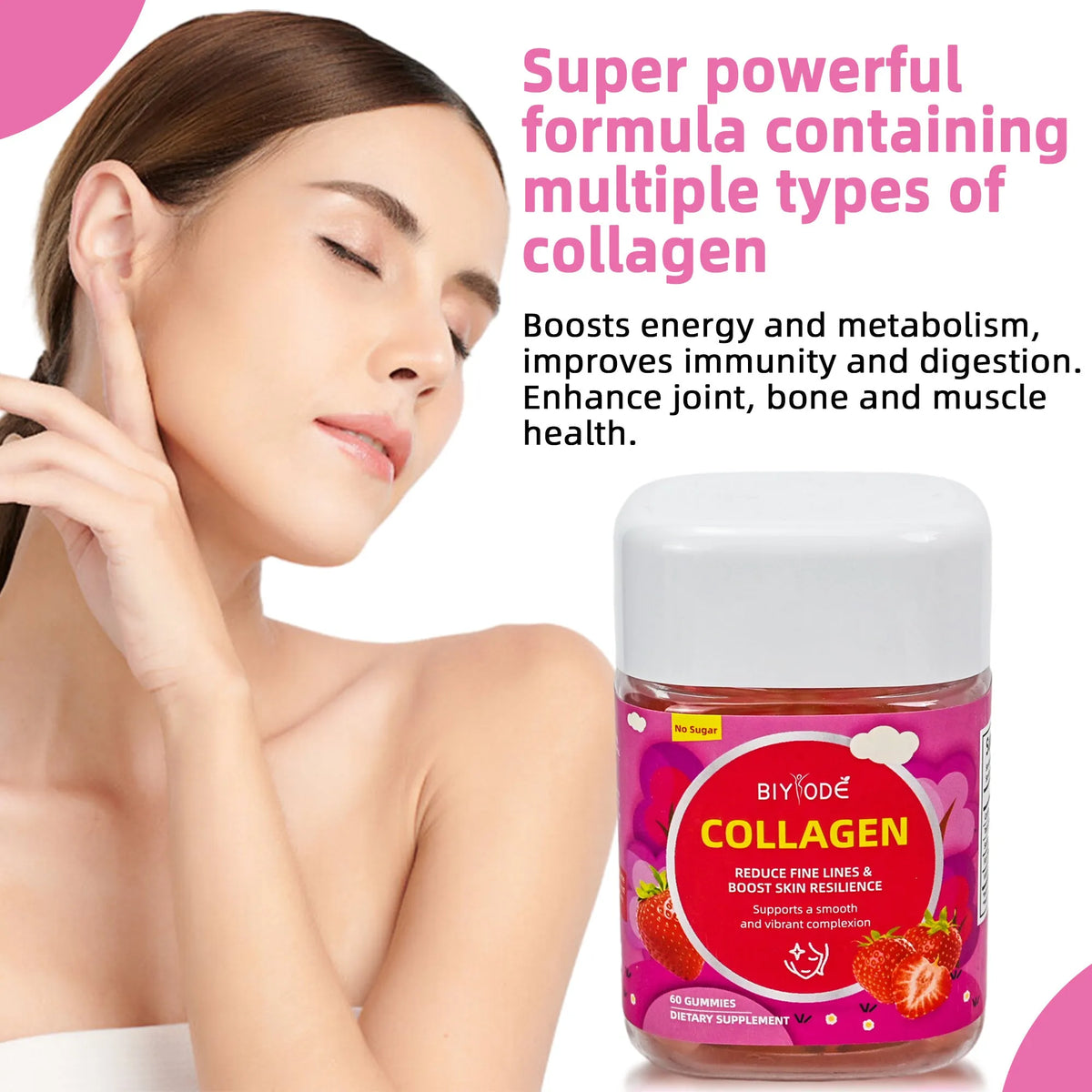 Bottle of strawberry-flavoured biotin vitamin collagen gummies for hair skin and nails health