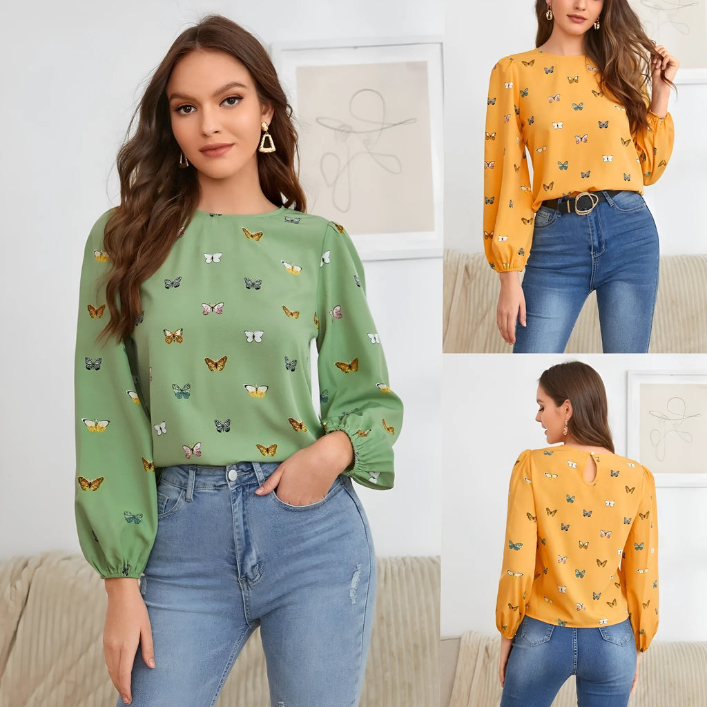 Women's long-sleeved butterfly print shirt in green and orange colour options