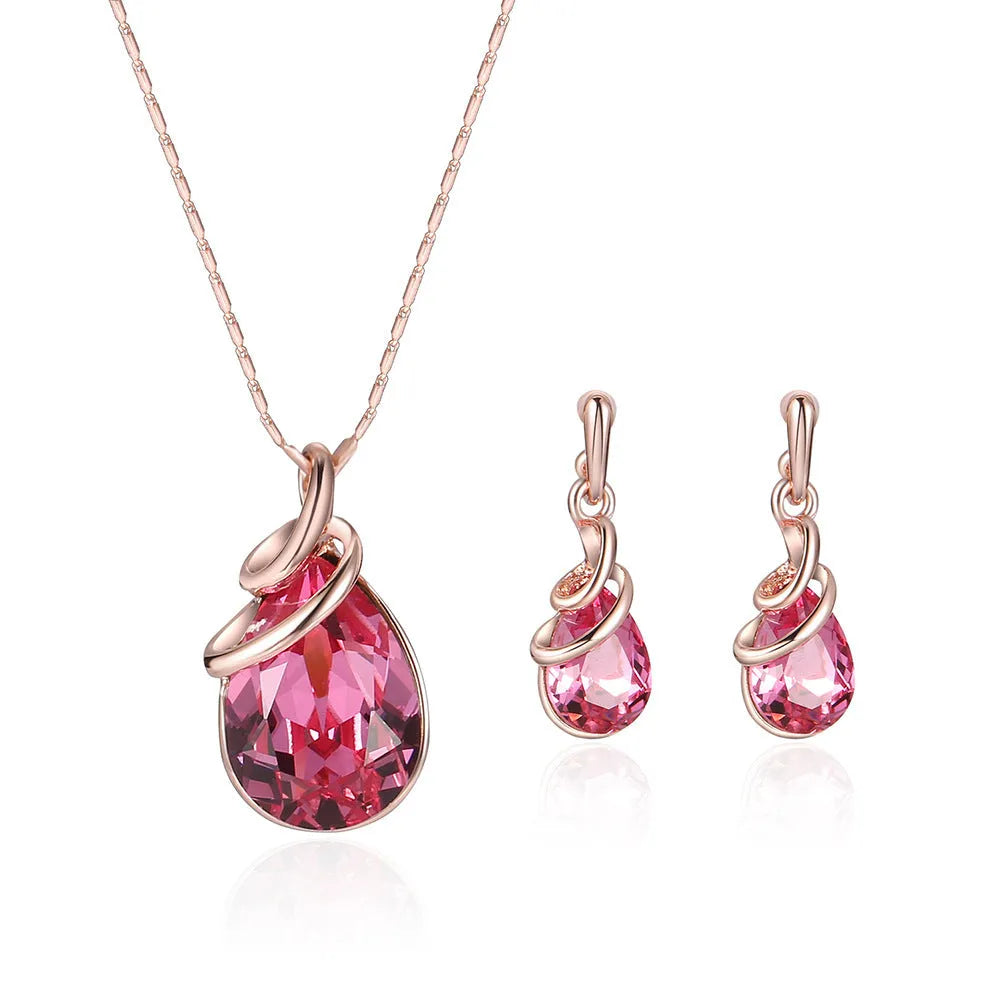 Alloy gemstone jewellery set necklace with snake bone chain and earrings for women, diamond processing finish, adjustable 21-50cm circumference