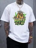 Men's printed loose fit short sleeve polyester T-shirt in black, white, and navy blue