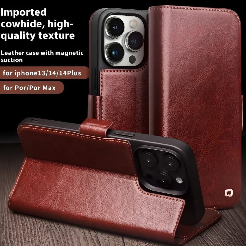 Magnetic flip genuine leather phone cover for iPhone 13 and 14 models in black, brown, coffee or light brown.