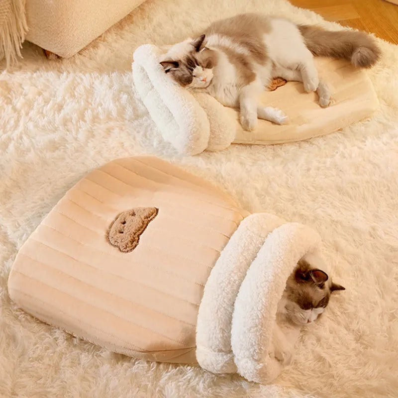 PP cotton fleece pet sleeping bag nest in light brown with bear pattern and 3D entrance