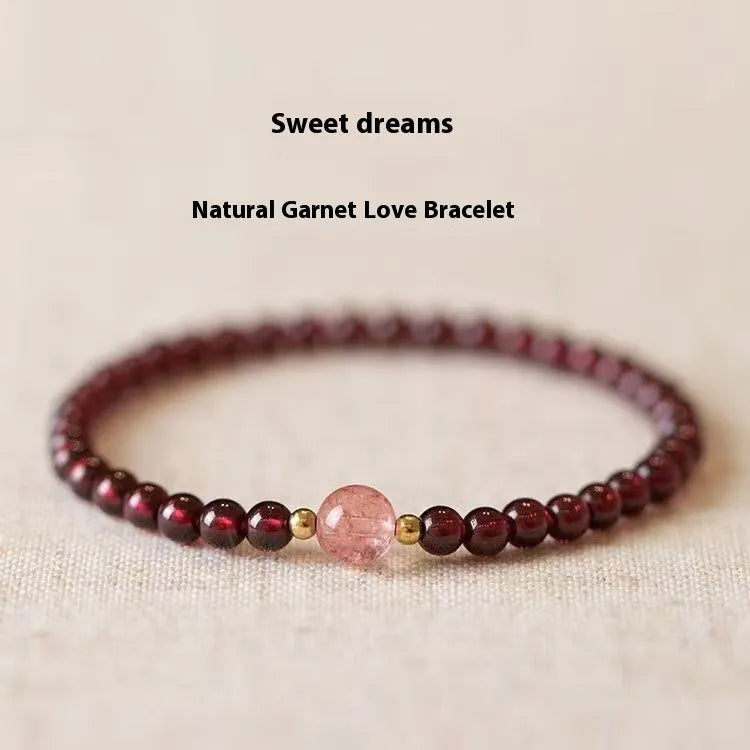 Natural garnet bracelet with U-shaped design showing garnet and dream garnet colour options