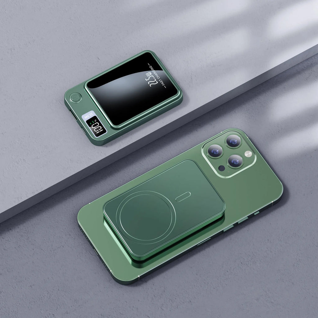 Wireless power bank in industrial style plastic design showing Magsafe charging surface