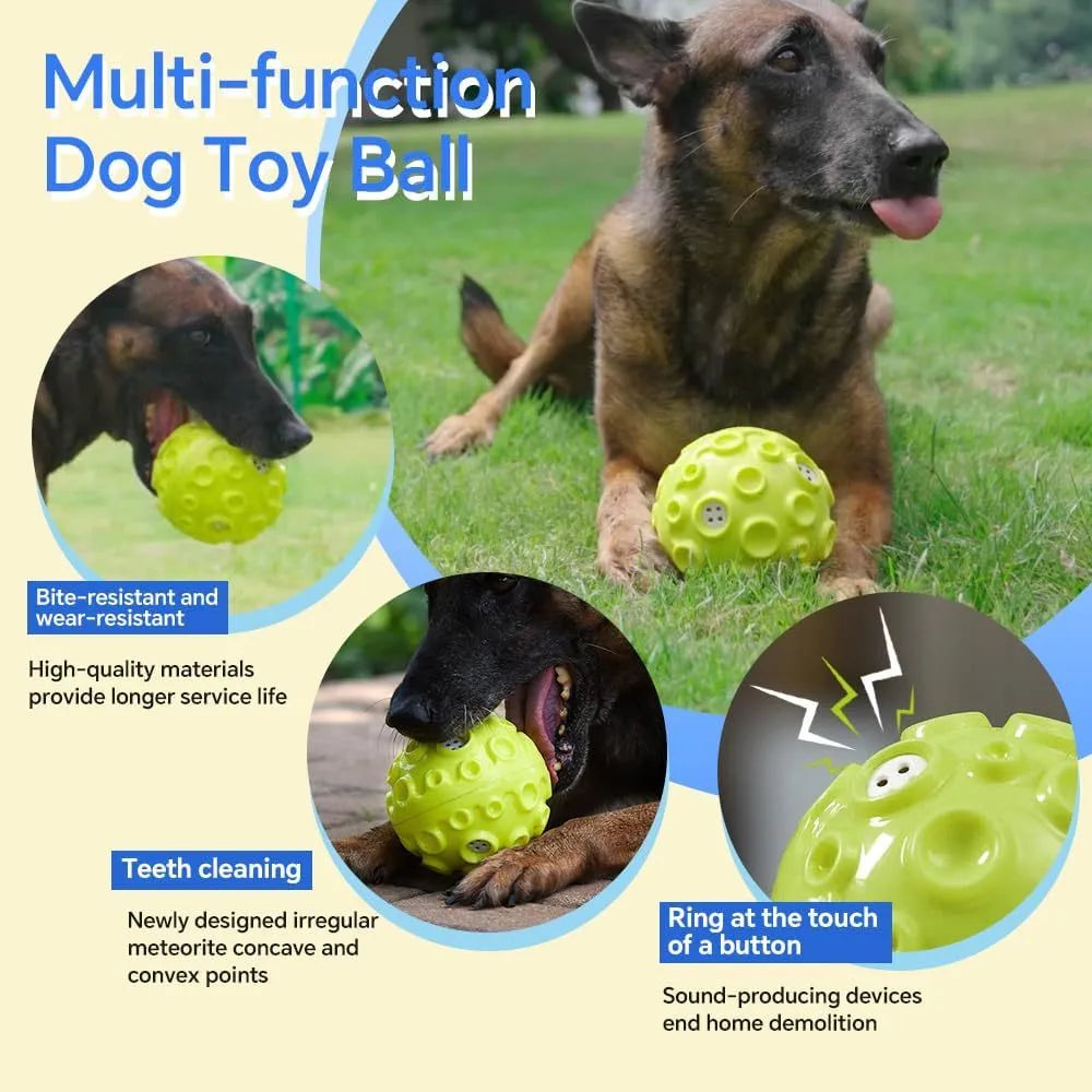 Durable interactive dog toy ball with meteorite bumps and magical squeaky sound in multiple colours