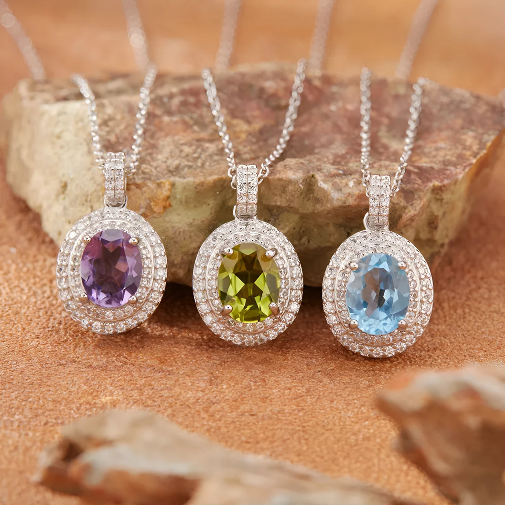 Women's 925 sterling silver necklace with natural citrine gemstone in crystal inlay elliptical pendant on cross chain