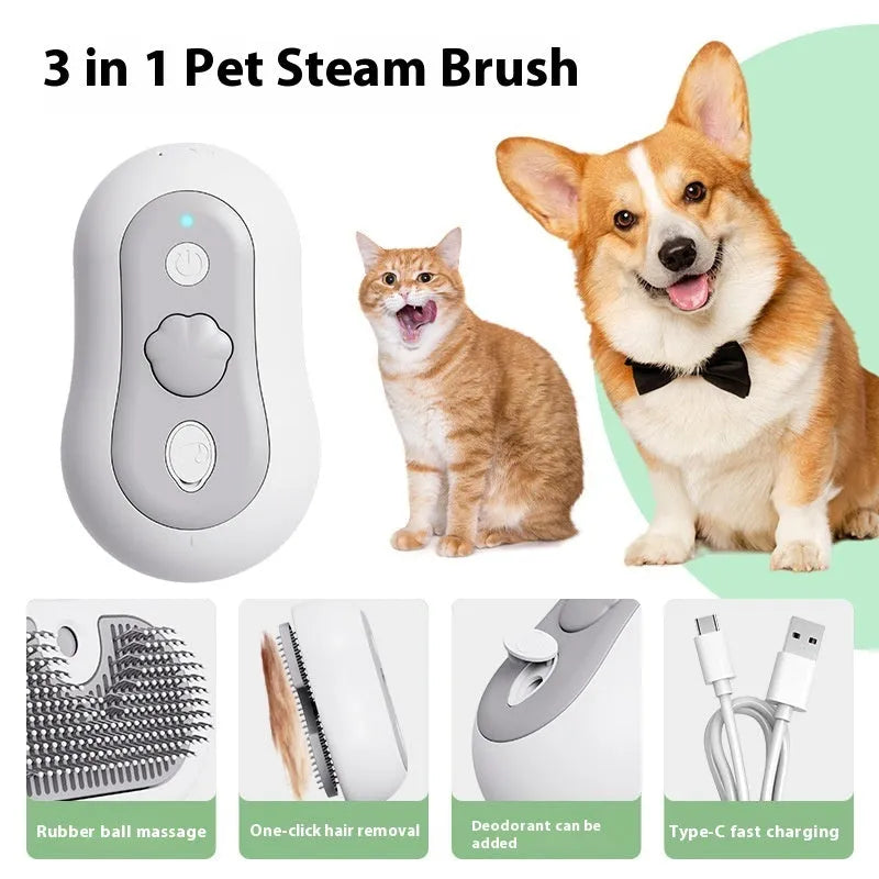 Beige coloured cordless pet grooming comb with massage teeth and spray function for cat hair removal.