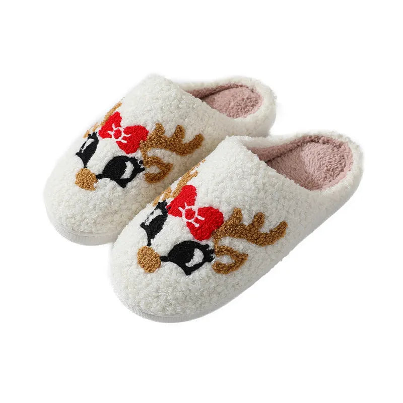 Christmas deer slippers for women, fox pattern, non-slip TPR sole, plush upper, round toe indoor home footwear