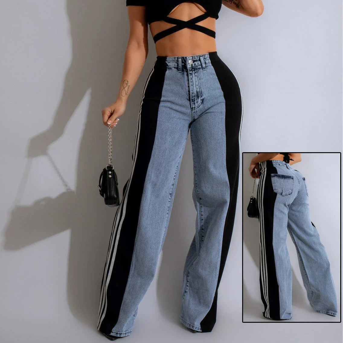 High-waist denim pants with a stylish patchwork design, available in various color options