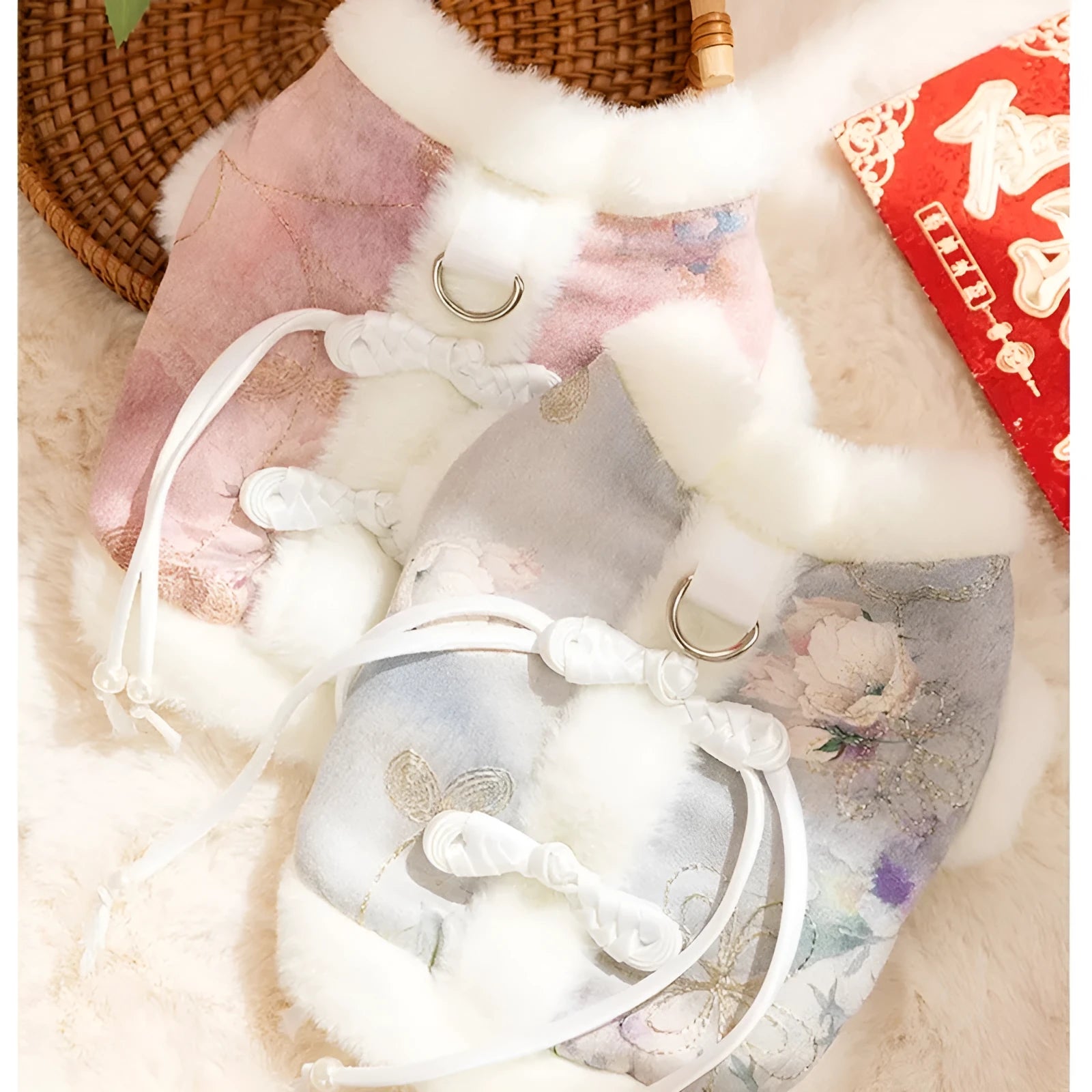 New Chinese-style pet vest with fleece lining, faux fur collar, and traditional knotted tie for small dogs in blue.