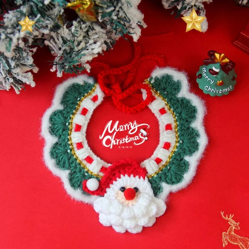 Adjustable Christmas knit pet collar with crochet elk pattern for cats and small dogs, sizes L and M