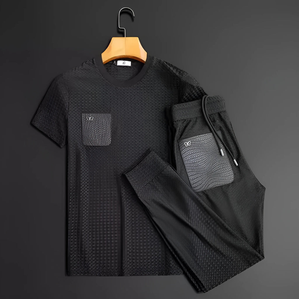 Men's anti-wrinkle houndstooth jacquard slim-fit short sleeve T-shirt and trousers set in grey or black suit colour