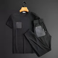 Men's anti-wrinkle houndstooth jacquard slim-fit short sleeve T-shirt and trousers set in grey or black suit colour