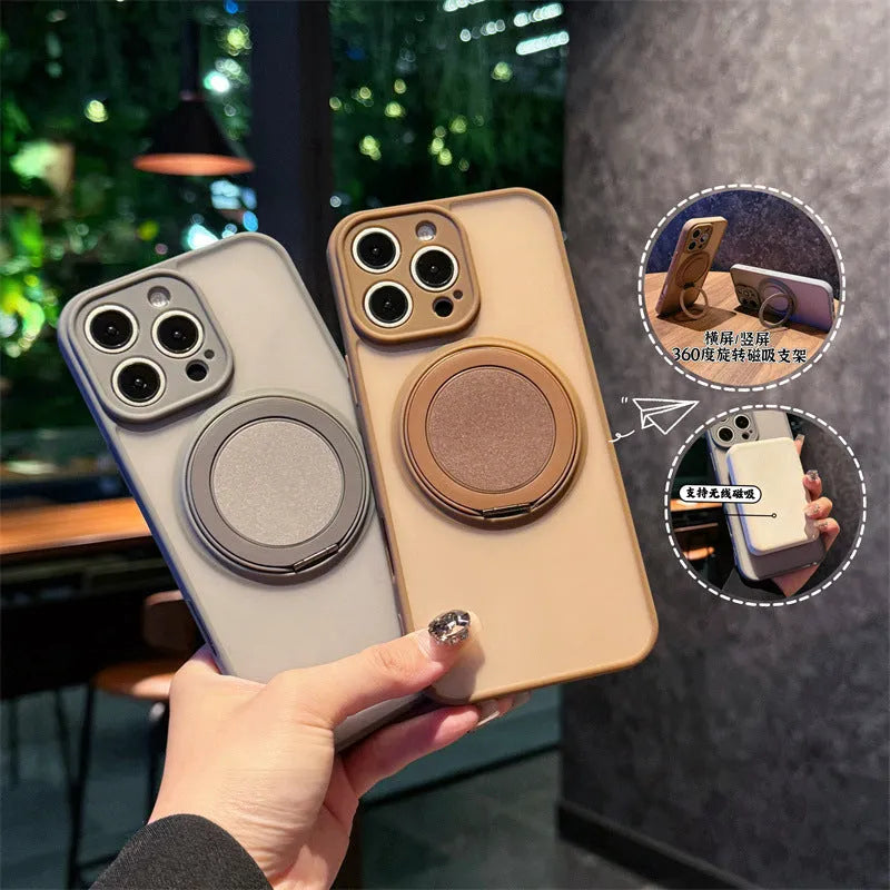 Frosted black phone case with integrated rotating magnetic bracket for IPhone 17 models on a table.