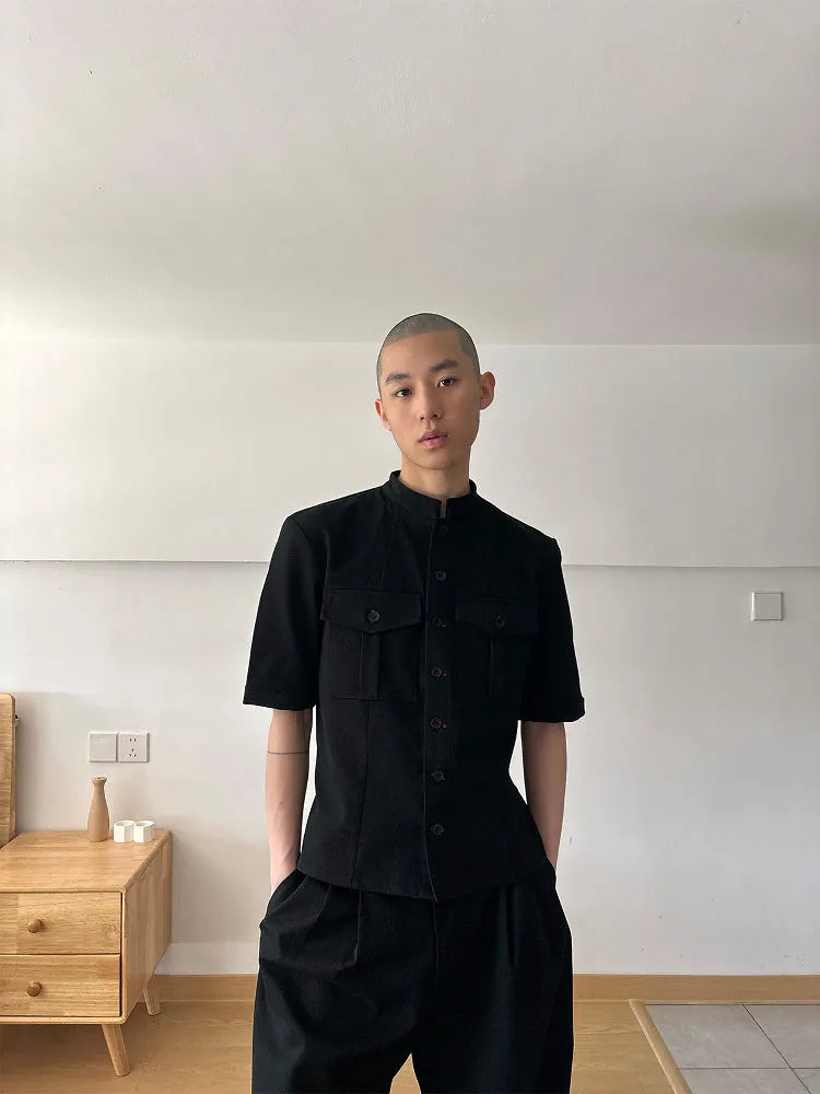 Handmade black loose fit half sleeve men's shirt with a shirt collar.