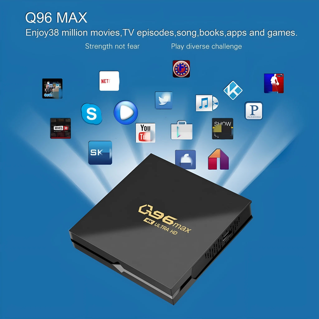 Q96 MAX Android TV box set-top box with remote control, HDMI cable, and power supply