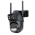 Binocular wireless home surveillance camera with dual light night vision, 5x zoom, and WiFi connectivity in black