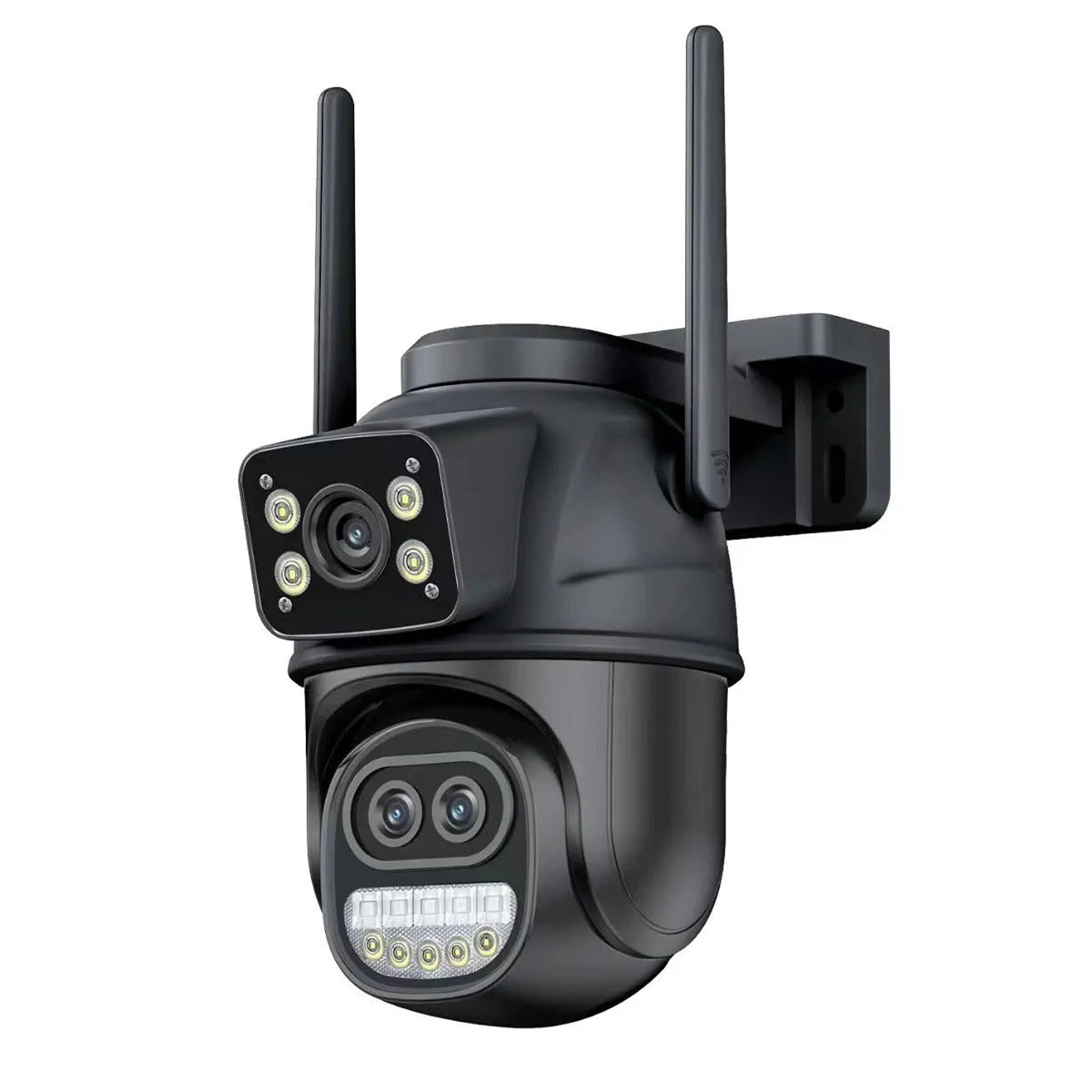 Binocular wireless home surveillance camera with dual light night vision, 5x zoom, and WiFi connectivity in black