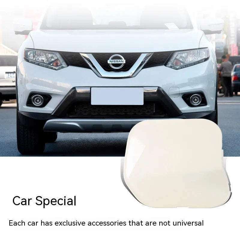 Nissan Qashqai front bumper replacement cover panel for trailer hook area, unpainted plastic construction.