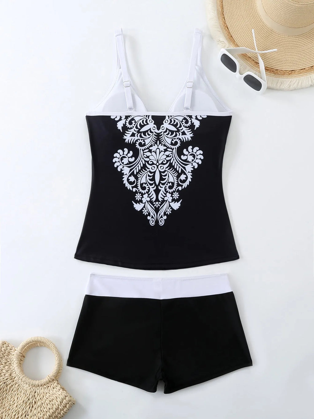 Women's plus size swimsuit set in black or rose red with briefs style and cotton lining