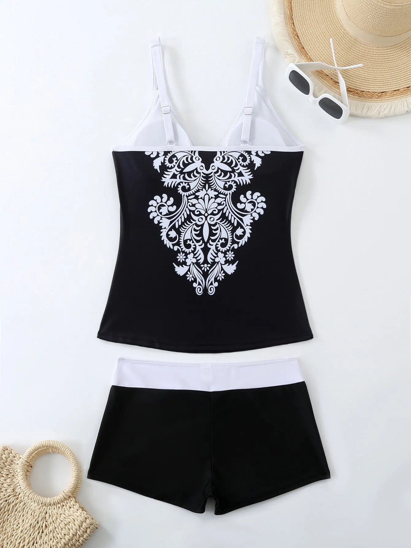 Women's plus size swimsuit set in black or rose red with briefs style and cotton lining