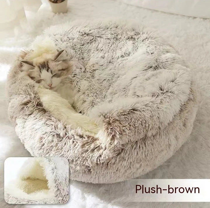 A soft, plush pet bed in various colors, including olive green, brown, pink, and grey, designed for the comfort and relaxation of cats and dogs.