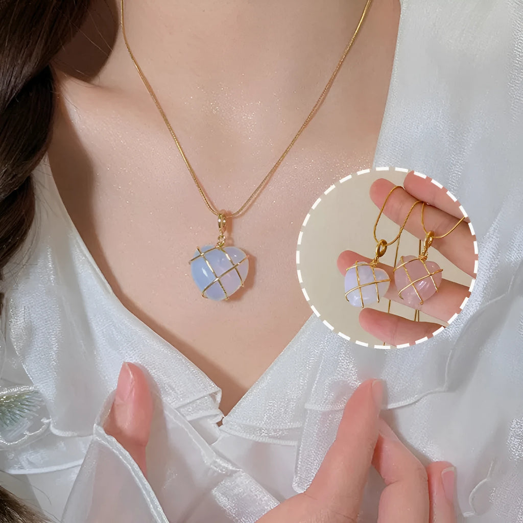Heart-shaped moonstone pendant necklace on copper chain with electroplated real gold finish