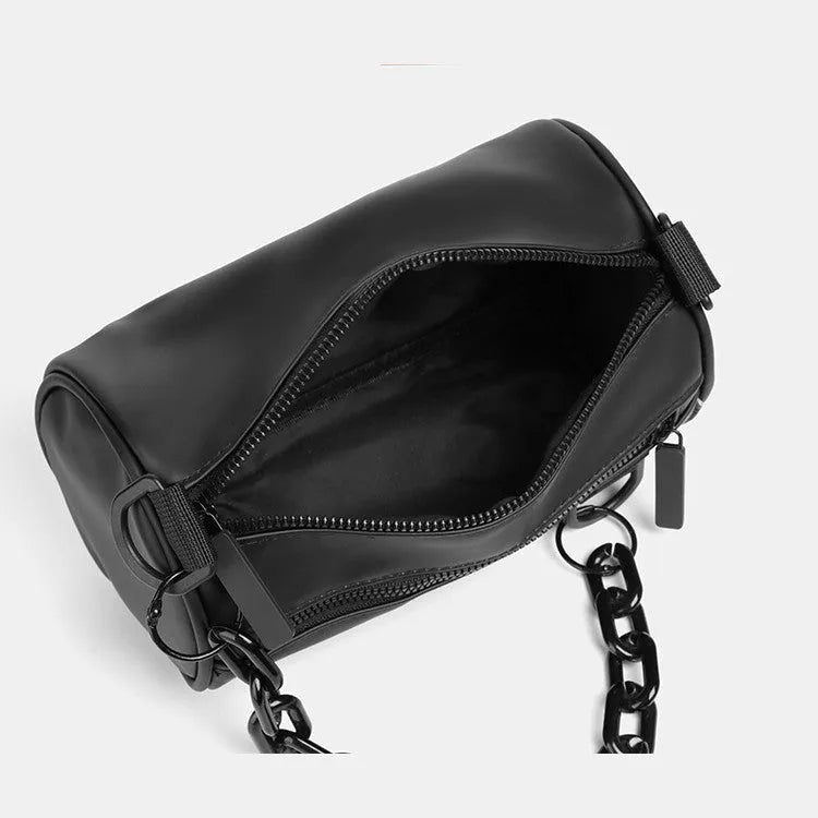 Black casual Oxford cloth messenger bag with a chain strap, shown closed.