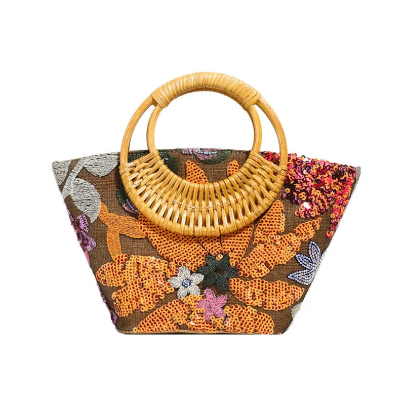 Cotton and linen cylindrical bag with sequin and bamboo joint embroidery, medium soft, light purple colour, three-dimensional pocket