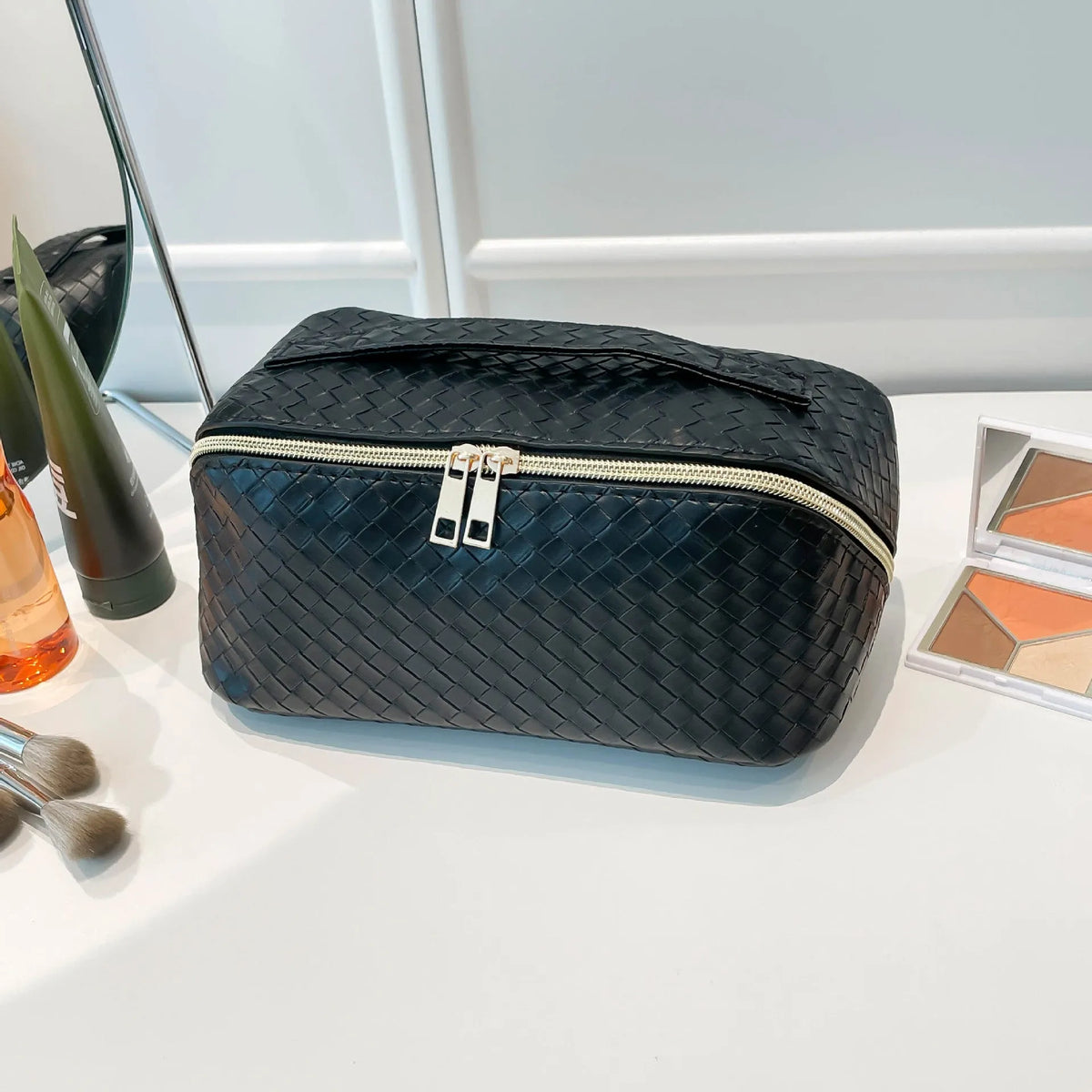 Waterproof PU storage bag in white, black, pink, green, or purple, large capacity, multifunctional, breathable, for cosmetics.
