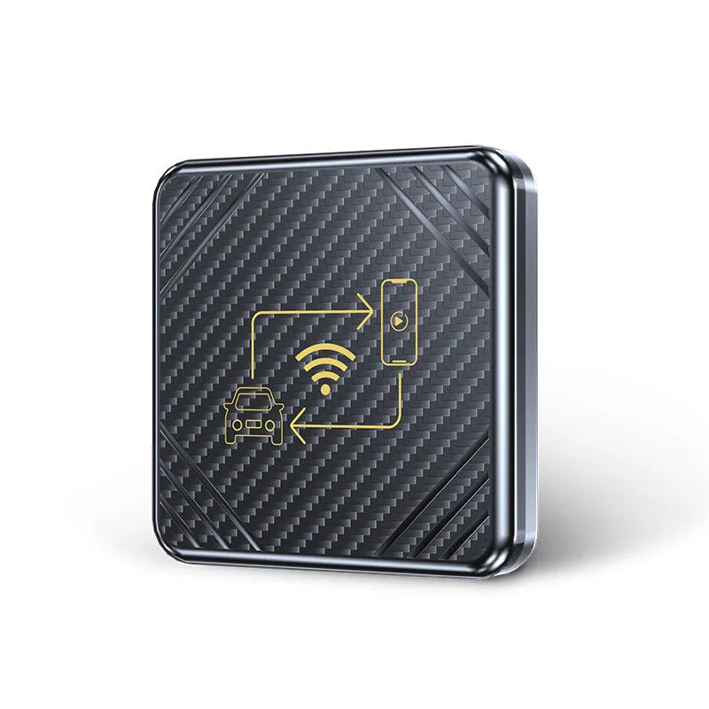 Wireless CarPlay and Android Auto adapter box in gold or white with USB connection