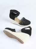 Women's apricot and black canvas wedge sandals with Roman style round toe design