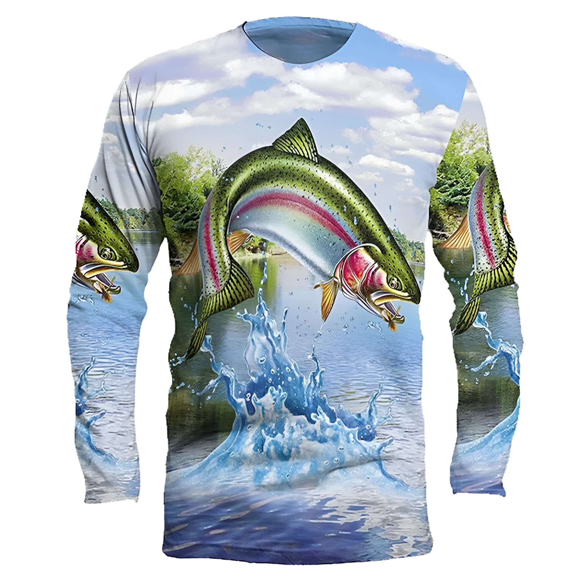 Men's milk silk fish print pullover top with round neck and long sleeves
