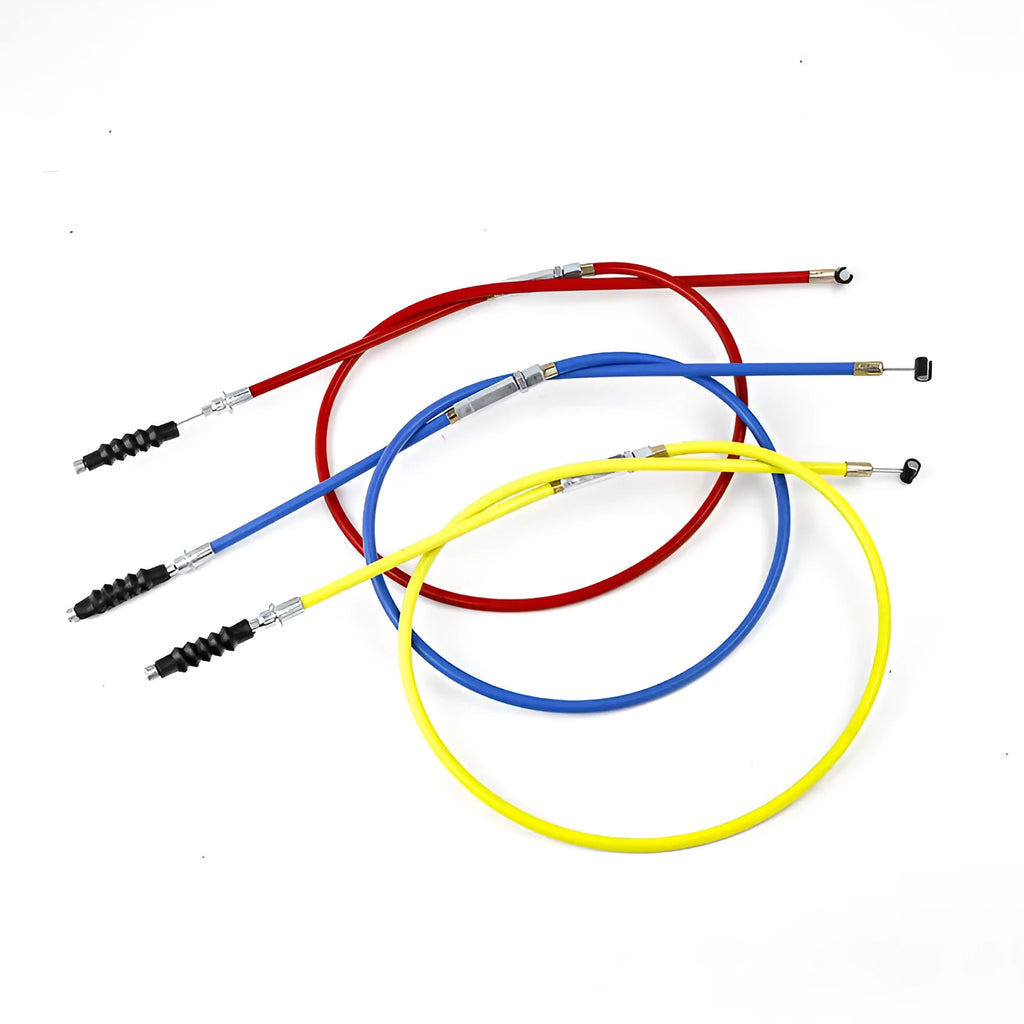 Four coloured motorcycle control cables (black, blue, red, yellow) each 0.98m long for Apollo 110-125cc engines.