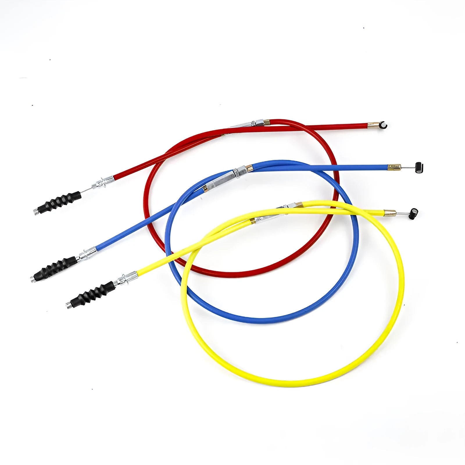 Four coloured motorcycle control cables (black, blue, red, yellow) each 0.98m long for Apollo 110-125cc engines.