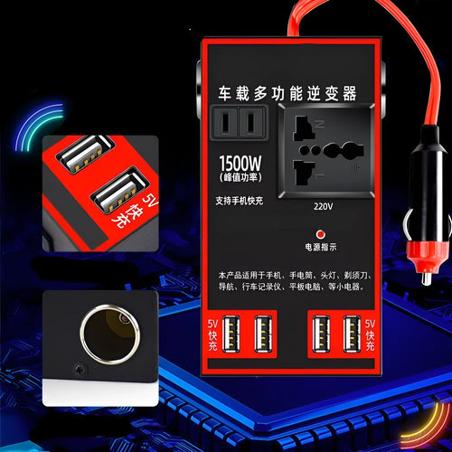 Black automotive power converter transforming 12V/24V vehicle power to 220V with USB charging ports