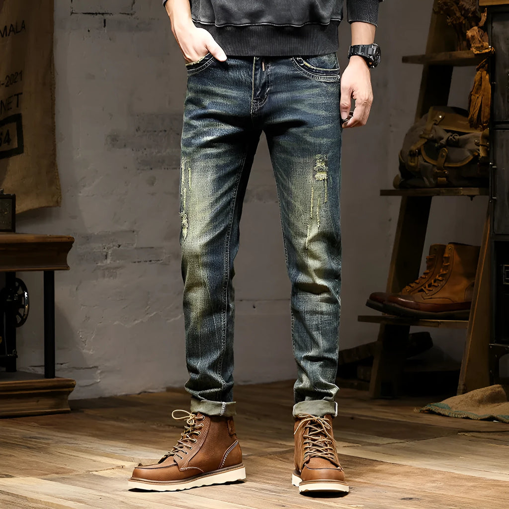 Men's retro colour stretch denim skinny jeans with a zip fly front.