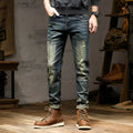 Men's retro colour stretch denim skinny jeans with a zip fly front.