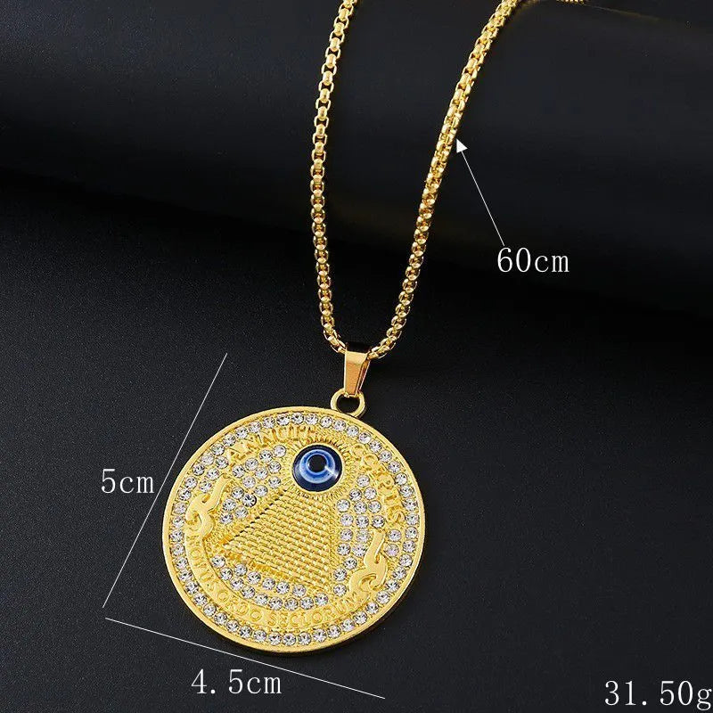 Geometric gold tone alloy necklace for women with an inlaid zircon stone pendant.