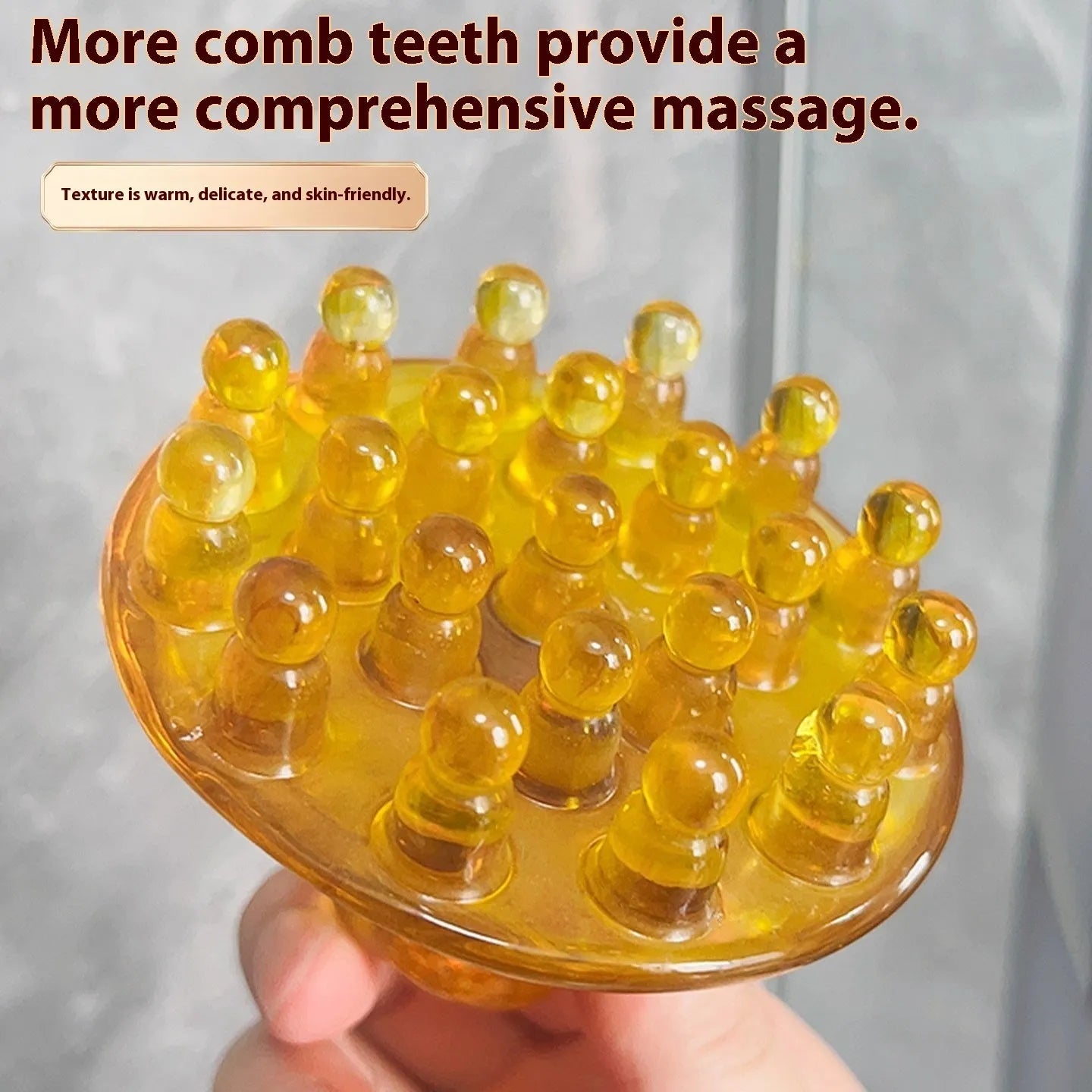 Brown and yellow disc massage combs with 21 teeth for scalp stimulation