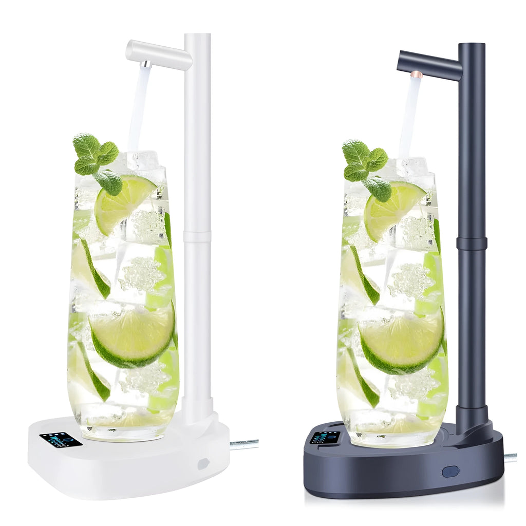 White and blue automatic desktop water dispenser pump with stand and extension pipe.