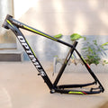 29-inch aluminium mountain bike frame in black green colour with disc brake mounts and internal cable routing