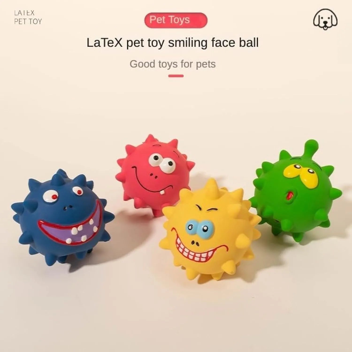 Four colourful natural latex dog squeaky balls with textured surfaces and cute faces