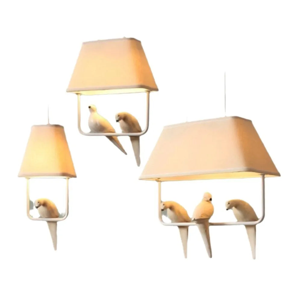 Iron bird chandelier ceiling lamp with fabric shade in a multi-bird design