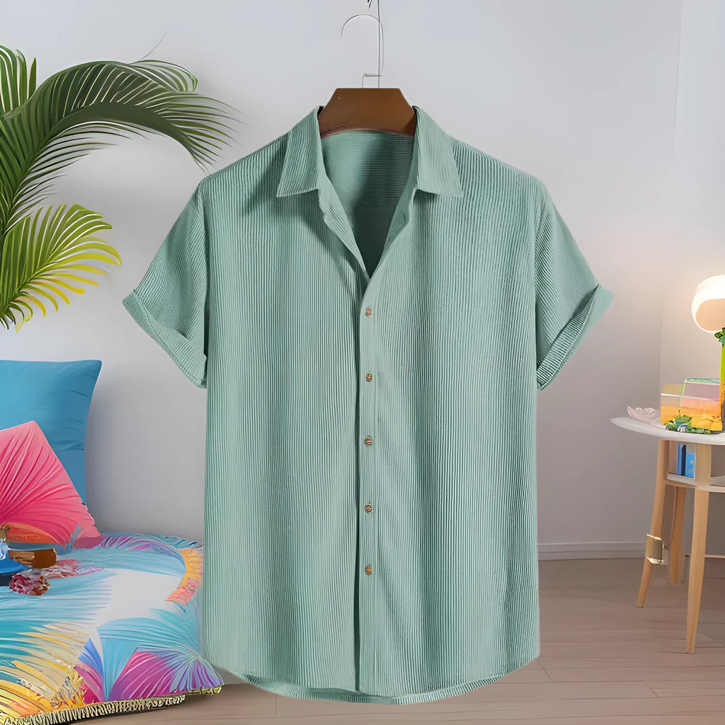 Men's light grey short-sleeve cardigan style casual shirt on a hanger.