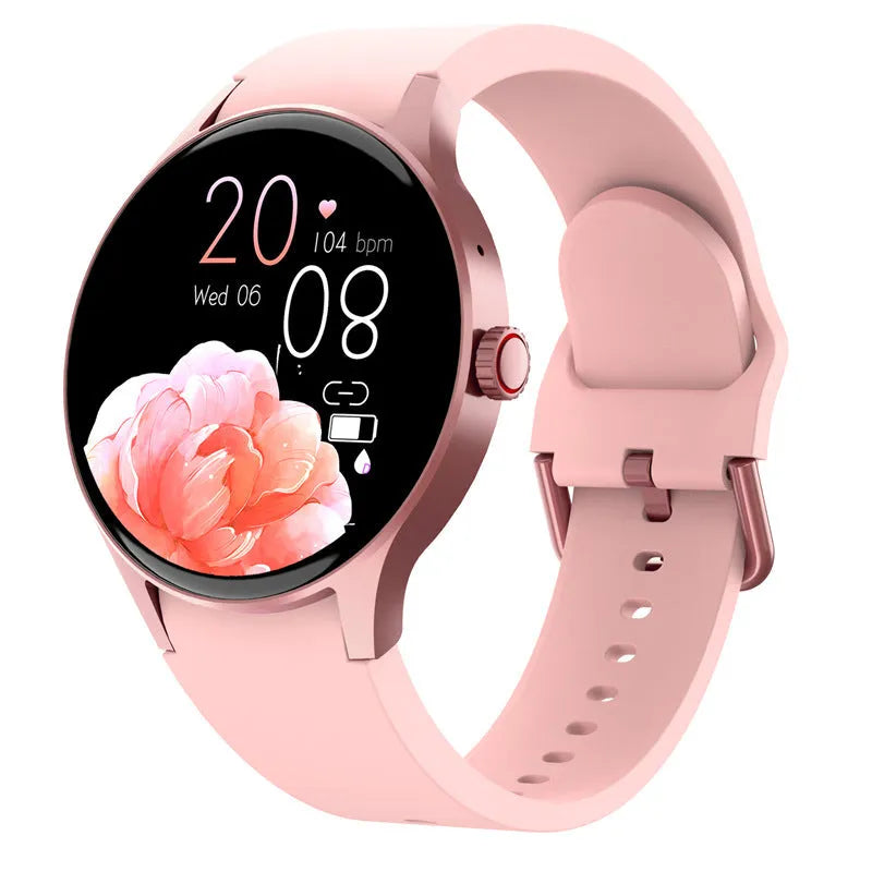46mm diameter smart sport watch with round touchscreen displayed in black, blue, pink, or red colour options