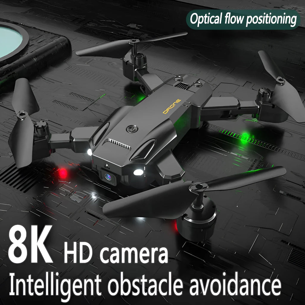 HD aerial photography UAV with folding design in black, showing 30-50cm size and automatic obstacle avoidance sensor