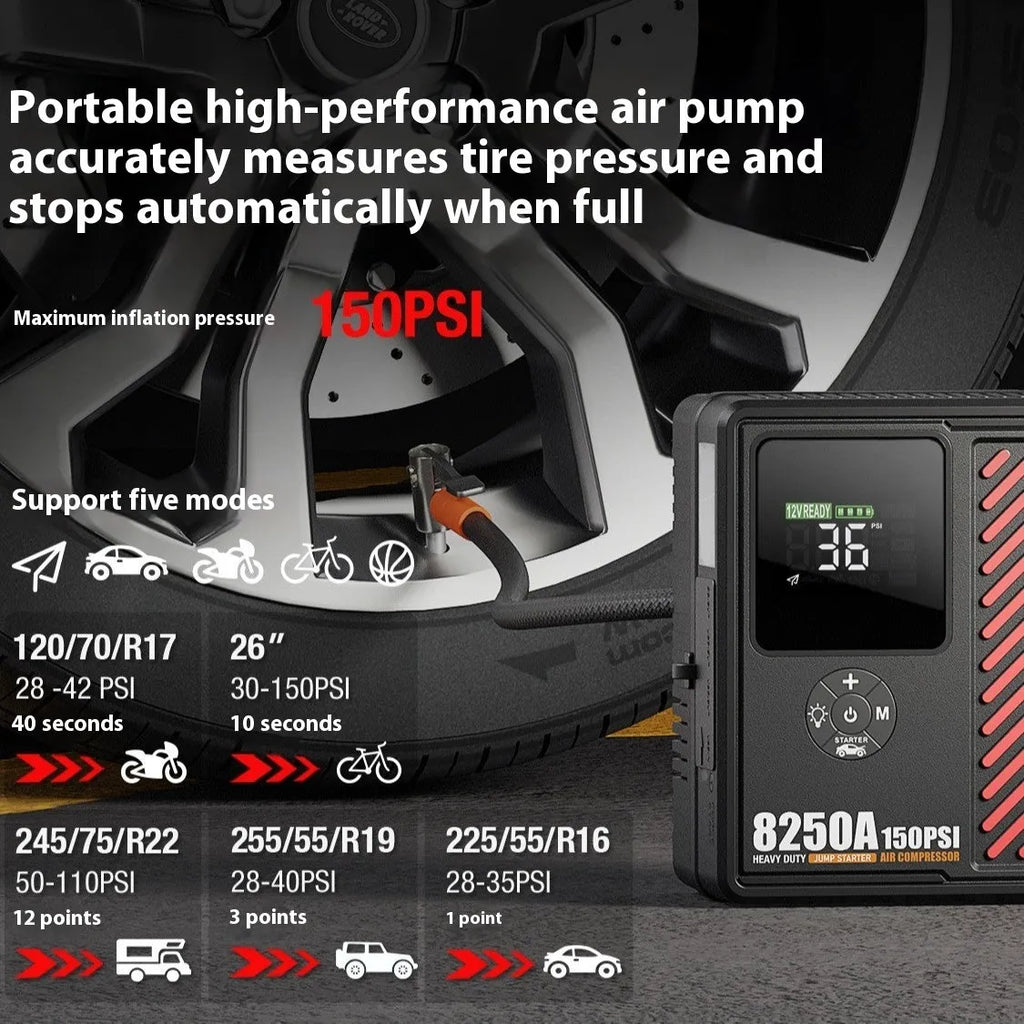 Black intelligent digital display car jump starter with air compressor, 6250A 18000mAh, with clamps and EVA toolbox