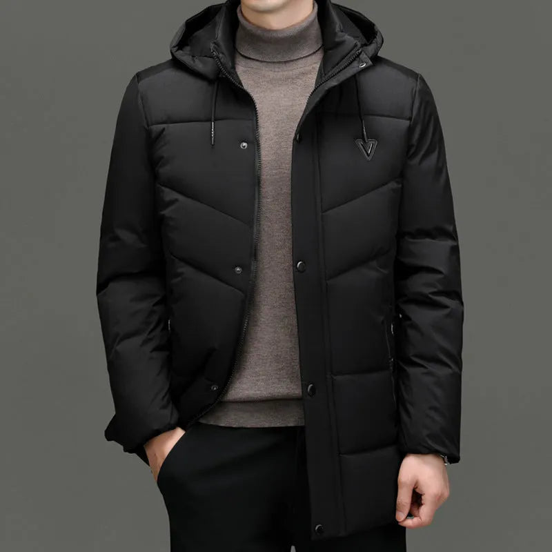 Men's extra thick down cotton-padded jacket in black, cardigan style with side pockets